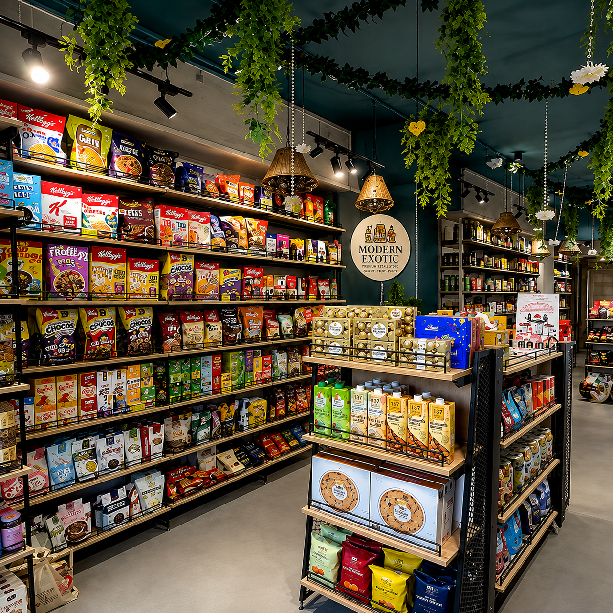 Inside Modern Exotic Foods — shelves of imported cereals, chocolates and snacks
