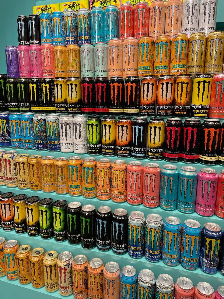 Monster Energy Wall — imported Juiced, Ultra, Rehab, Reserve available at Modern Exotic Foods