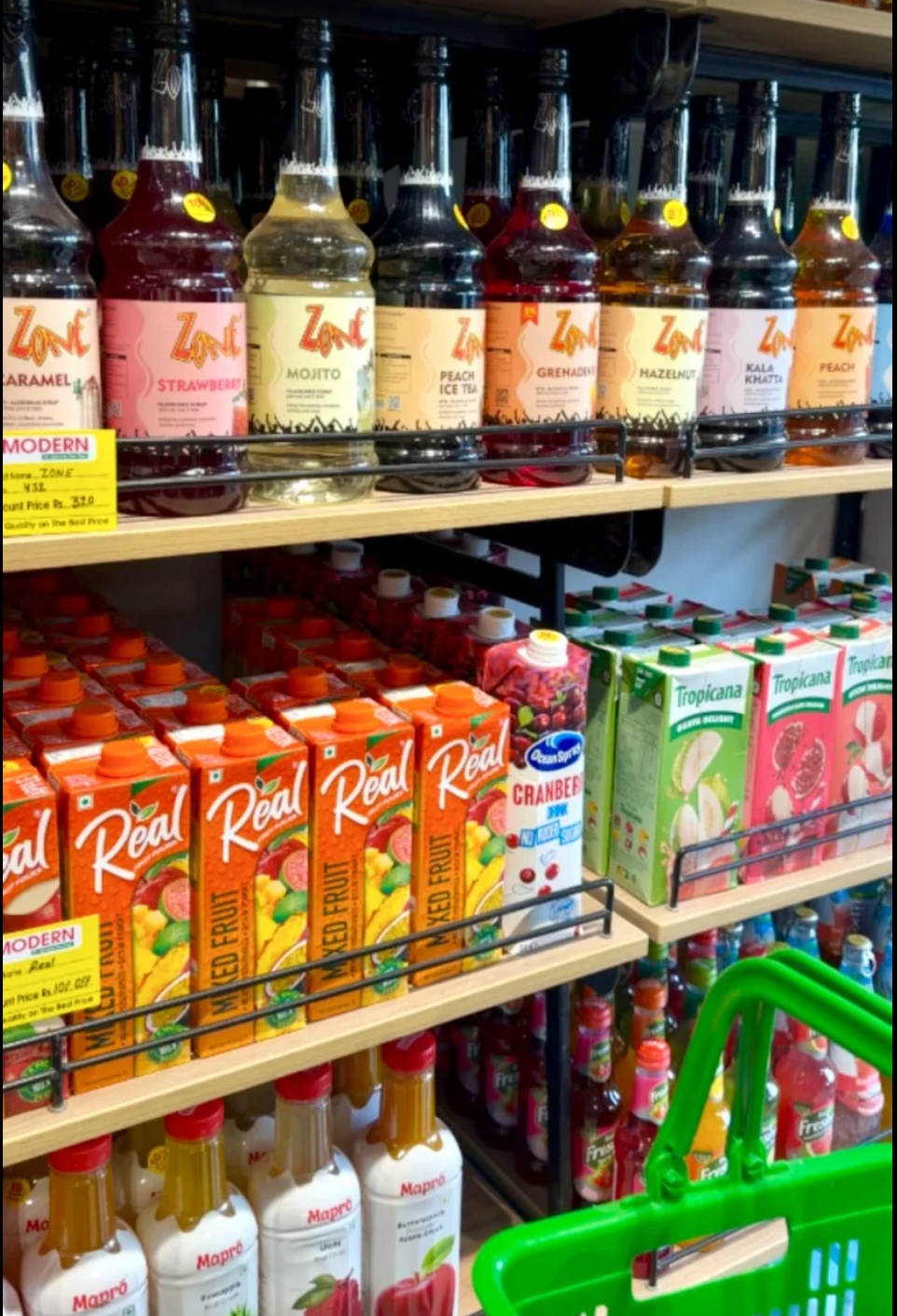 Imported juices and premium syrups on the shelves at Modern Exotic Foods